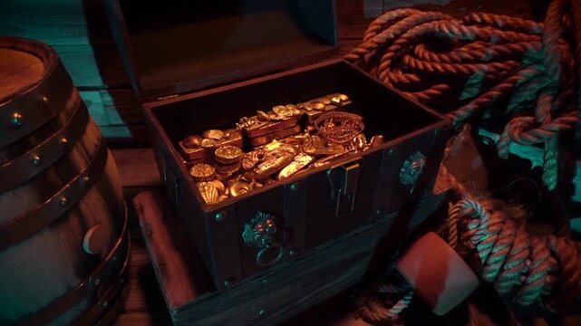 Gold treasure shimmers inside treasure chest lit by torchlight.