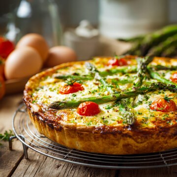 Homemade Asparagus and Tomato Quiche Fresh from the Oven. AI generative.