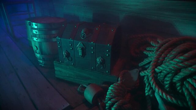 Blustery sea-side dock with pirate chest and gear at night.