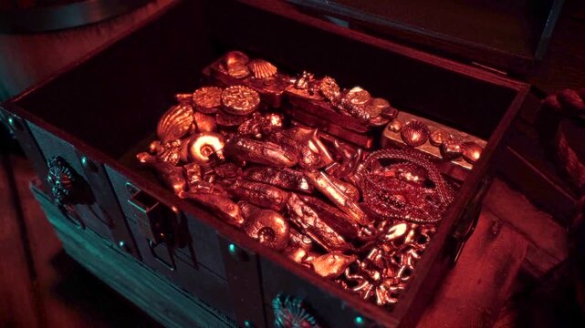 Gold treasure inside an old chest.