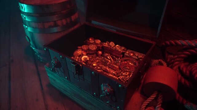 Open treasure chest filled with gold in mysterious atmosphere.