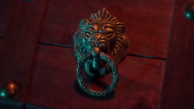 Lion head ornament on a pirate treasure chest.