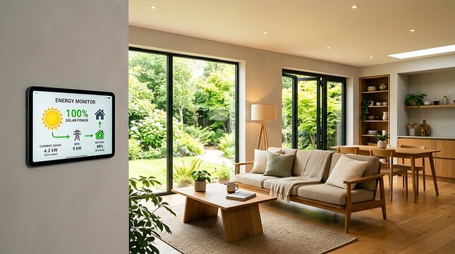 Interactive smart home control tablet displaying eco energy statistics in lounge