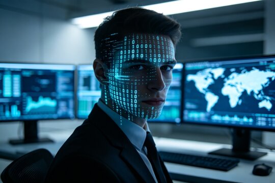 Businessman with digital face overlay