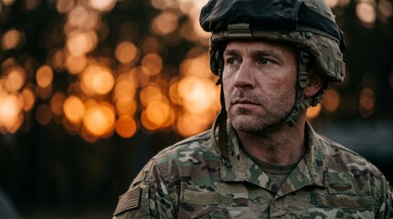 Obraz premium A close-up portrait of a soldier in camouflage uniform and helmet against a backdrop of blurred light sources. Combat action and attack. Military expedition.