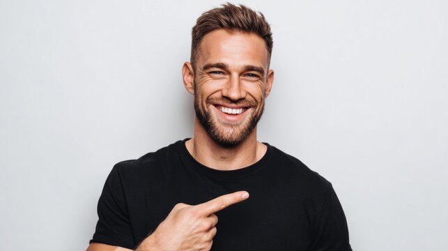 Confident man in black t-shirt pointing at himself with a big smile