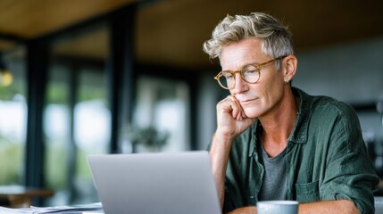 Fototapeta premium Mature man with glasses thoughtfully looking at his laptop screen while working indoors