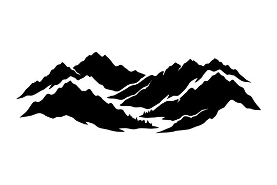 Black silhouette of majestic mountain range with snowy peaks.