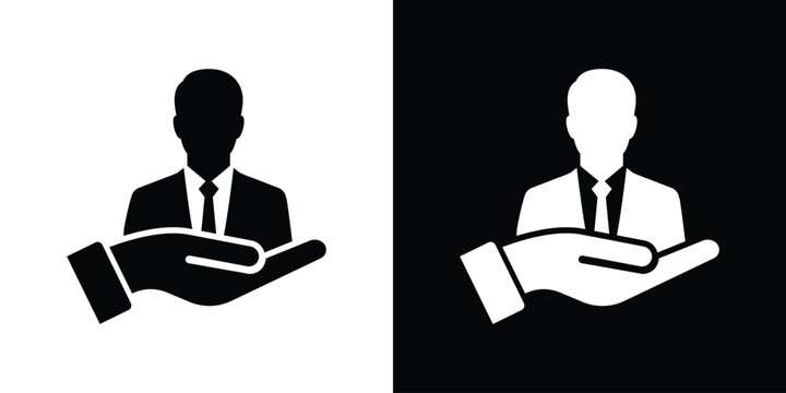 Businessman avatar figure being presented or held safely on an open palm. Conceptual representation of customer service and talent management.