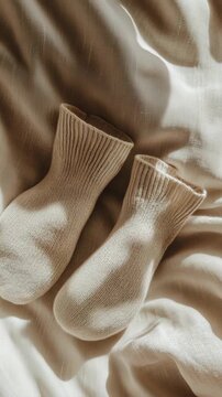 Two pairs of beige socks sit on a white blanket. The morning light highlights the fabric. The setting focuses on the simple shapes and textures of the socks