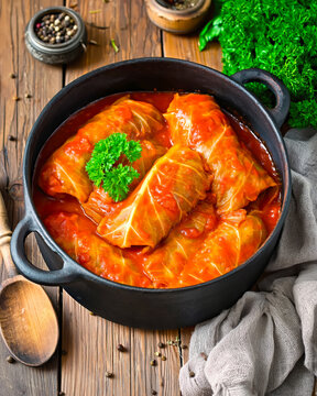 Traditional Stuffed Cabbage Rolls in Tomato Sauce Rustic Food Photography. AI generative.