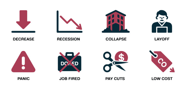 Economic crisis icons set including recession graph collapse building layoff panic and job fired symbols.