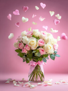 Romantic Roses Bouquet with Floating Hearts &ndash; AI Generative