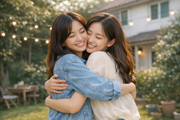 Fototapeta premium Two young women sharing a joyful embrace on a sunny day outside.