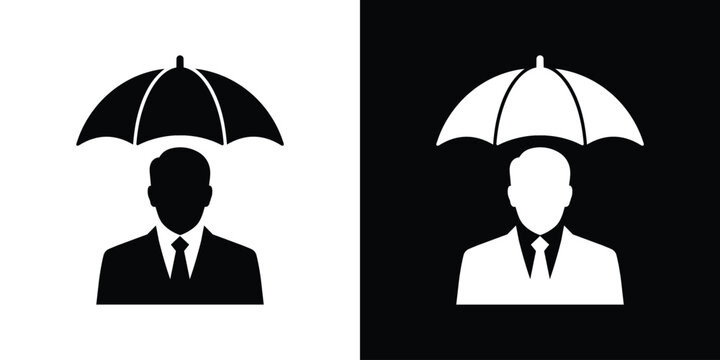 Businessman silhouette protected under umbrella icon. Concepts of business insurance, financial security, and risk management. Vector illustration.