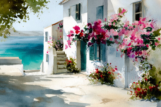 Mediterranean Coastal Watercolor &ndash; AI Generative