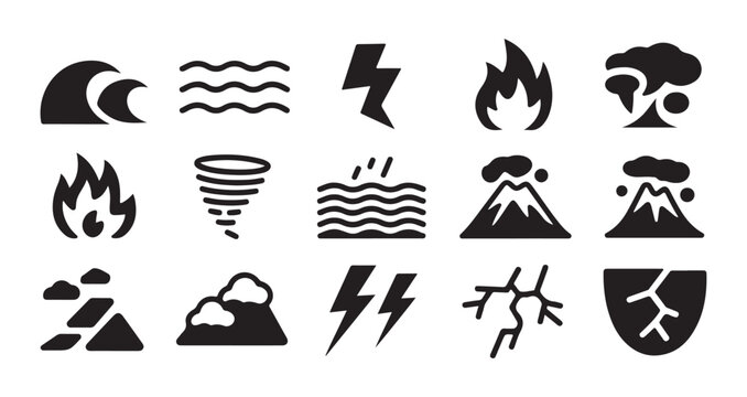 Natural disaster icon set, tsunami wave fire lightning volcano tornado black silhouette vector kit.