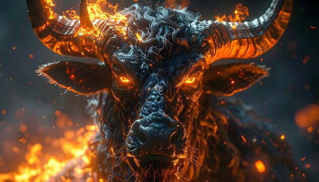 A close-up of a demonic creature's face with glowing eyes and flames