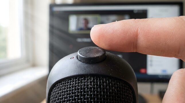 Macro view of person muting audio during online video call