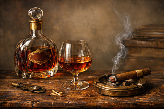 Vintage whiskey bottle with glass, cigar holder on rustic background.