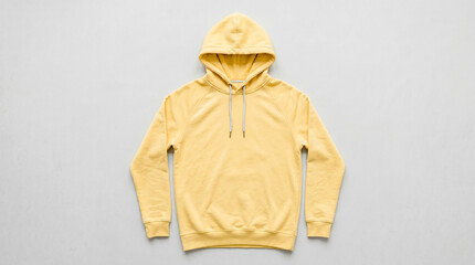 ​A comfortable, pale yellow pullover hoodie with adjustable drawstrings is laid flat against a clean, neutral grey background, perfect for casual wear and fashion mockups. © Ibnu Fatah