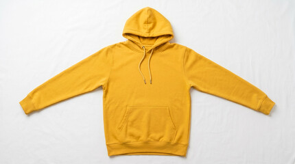 Vibrant mustard yellow pullover hoodie with adjustable drawstrings and a front kangaroo pocket, laid flat on a clean white fabric surface for a minimalist look. © Ibnu Fatah