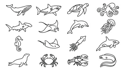 Minimalist sea life line icons, collection of 16 aquatic animal vector illustrations, simple black outline marine creatures set for educational design © Sidra