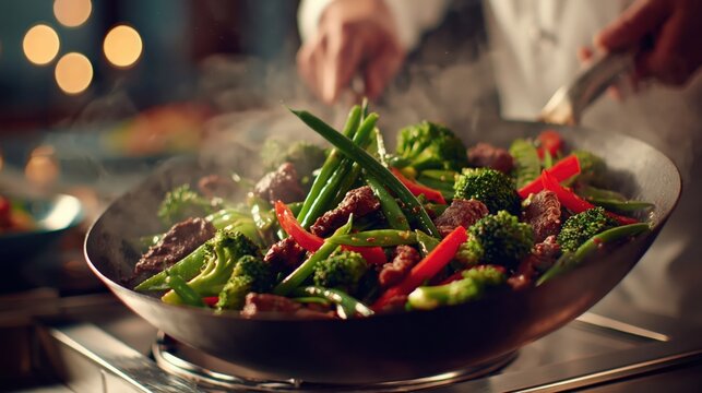 Chef stirring beef and fresh vegetables in a steaming wok, preparing a delicious healthy asian stir fry meal