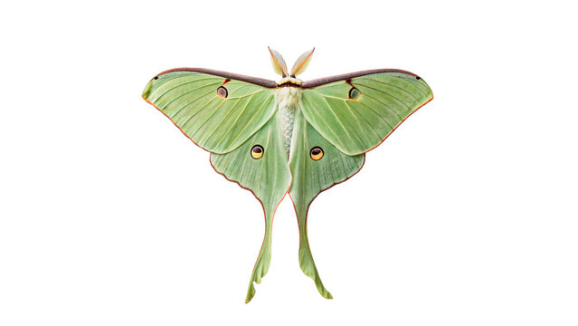 Beautiful green luna moth insect opening wings macro isolated on transparent background cut out