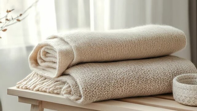 Two types of towels are neatly stacked on a wooden table. Sunlight shines through the window, highlighting the soft texture of the towels. A small dish sits nearby