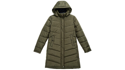 Warm long olive green winter down puffer coat apparel isolated on transparent background cut out © 1png-stock