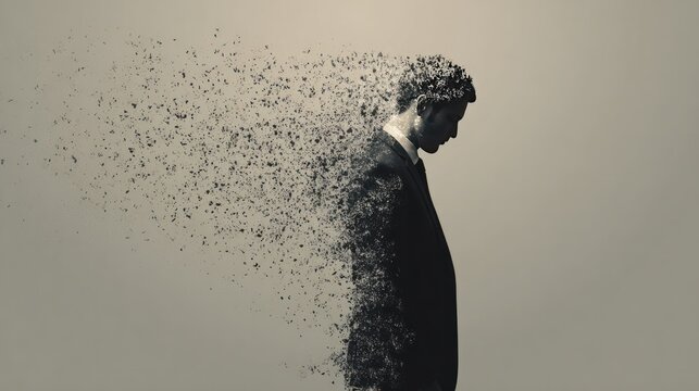 Disintegration of Self: A solitary man in a suit begins to dissolve into particles, symbolizing fading identity, existential dread, or the erosion of self in the face of overwhelming forces.