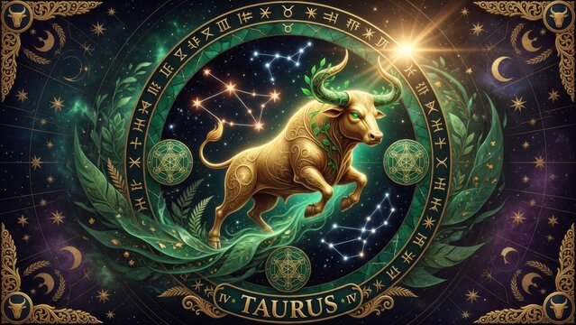Golden Taurus bull glows within an emerald zodiac circle, surrounded by stars, ornate symbols and mystical energy for astrology, horoscope, strength and earth sign themes for premium zodiac wall art

