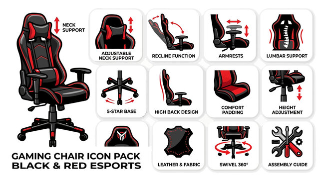 Gaming Chair Icon Pack: Black & Red Esports Ergonomic Office Furniture Features