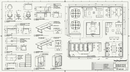 Architectural floor plan and furniture details for a modern office layout © Saharia