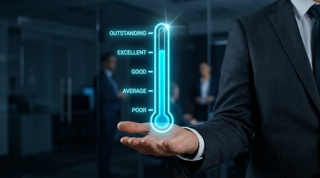 Businessman presenting a glowing blue thermometer with performance ratings from poor to outstanding in a modern office setting with colleagues in the background