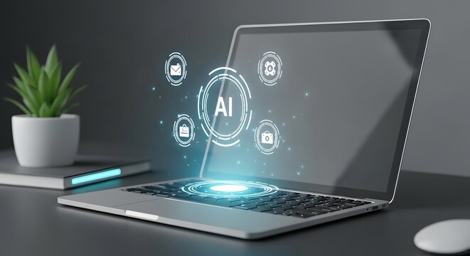 AI assistant hologram with circular tech icons floating above open laptop