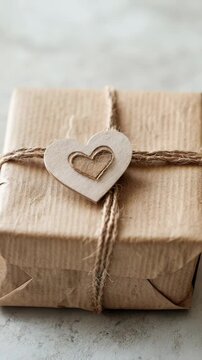 A person wraps a brown package with twine and a heart tag. Each step shows the wrapping method and final look of the gift. This occurs indoors on a table surface
