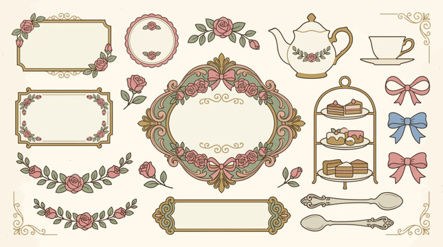 Edwardian afternoon tea rose ornament vector set with teacup frames, teapot motifs, ribbon bows and vintage decorative borders