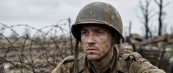 Obraz premium Gritty close-up of a mud-covered soldier in a helmet, looking weary with barbed wire in the background. A depiction of the harsh realities of war and conflict.