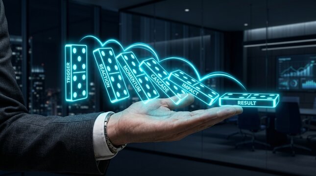 Businessman holding glowing dominoes with words trigger reaction momentum cascade impact result in a modern office