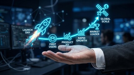 Fototapeta premium Businessman presenting a startup growth strategy with a glowing blue roadmap and icons in a modern office environment with a blurred background