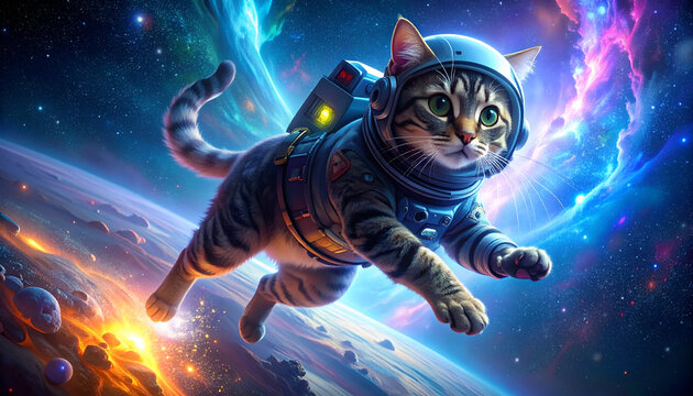 Tabby cat in astronaut gear exploring deep space nebula.