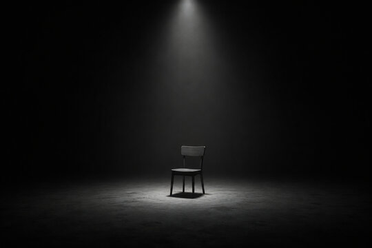 A single chair is illuminated by a spotlight in a dark, empty room.