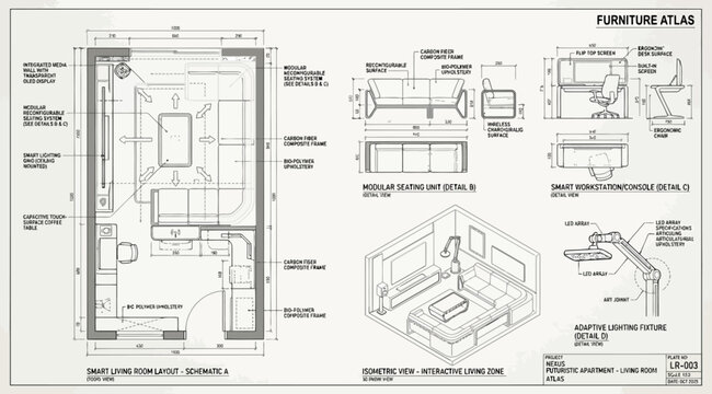 Furniture atlas technical drawing for a futuristic apartment