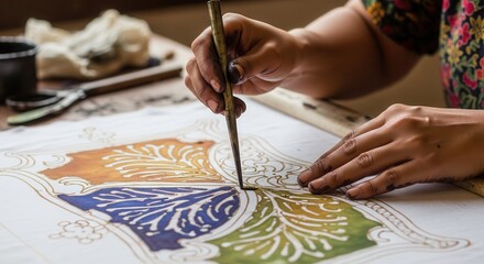 Fototapeta premium Artists Hands Applying Paint to Fabric with Intricate Pattern.