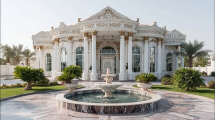 Obraz premium Grand white mansion with circular fountain and driveway.
