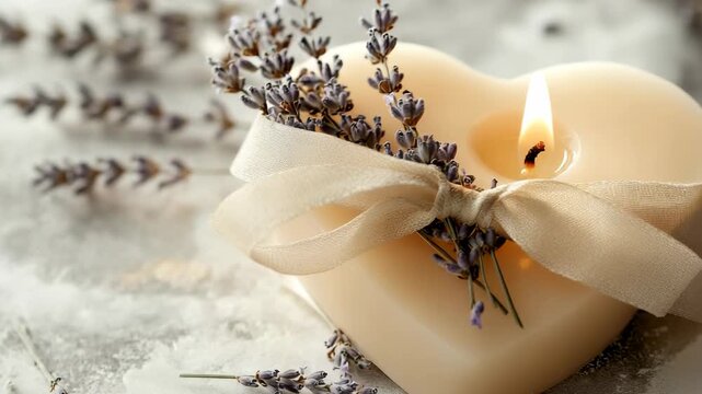 A heart-shaped candle burns softly on a table. Lavender sprigs and a ribbon decorate the candle. Sunlight shines on the scene, creating a warm atmosphere