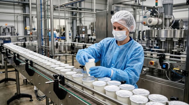 Technician checks sealed dairy cups for lid alignment and airtight closure during packaging quality control on production line.