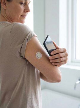 Diabetes CGM scan routine with sensor patch on upper arm shows continuous glucose monitoring wearable health technology self care and modern chronic disease management concept